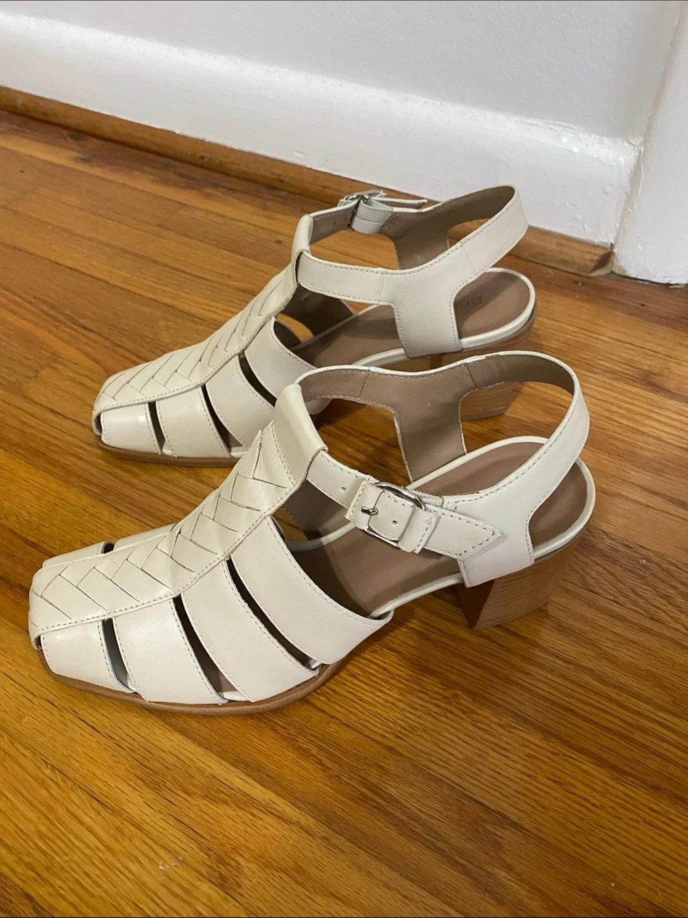 Bernardo Cream Woven Leather Block Heel Sandals